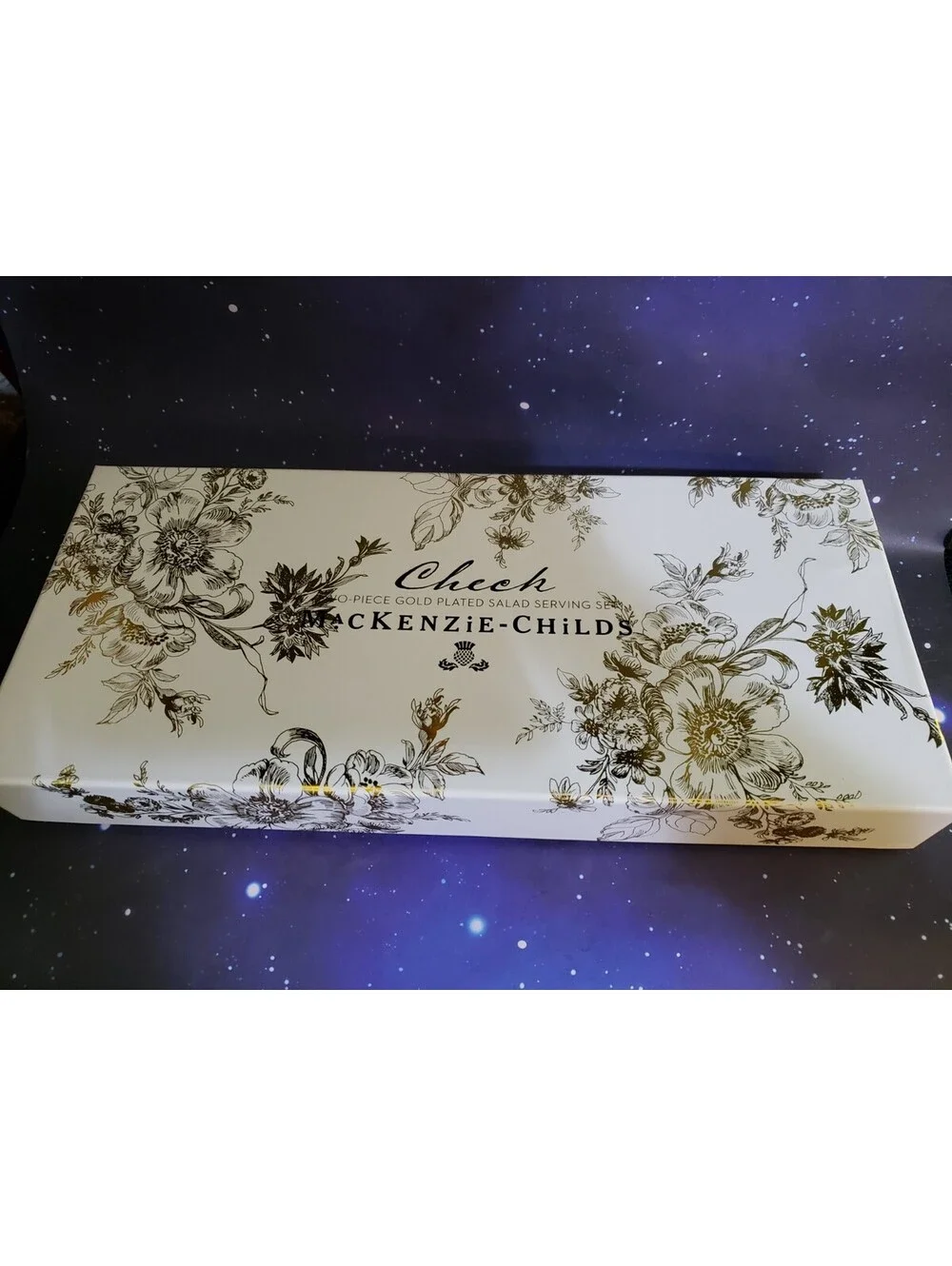 McKenzie Childs Gold Plated Salad Serving Set NEW IN BOX Check Pattern